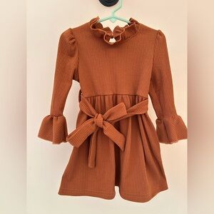 Rust Vintage-Inspired Ribbed Ruffle Dress – Size 100 (fits 3T/4T)